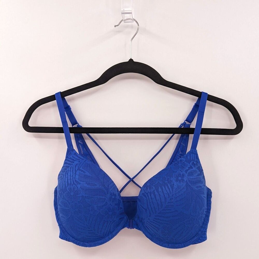Victoria's Secret PINK Bra Women's 32DD Blue Lace Push Up Front Close
